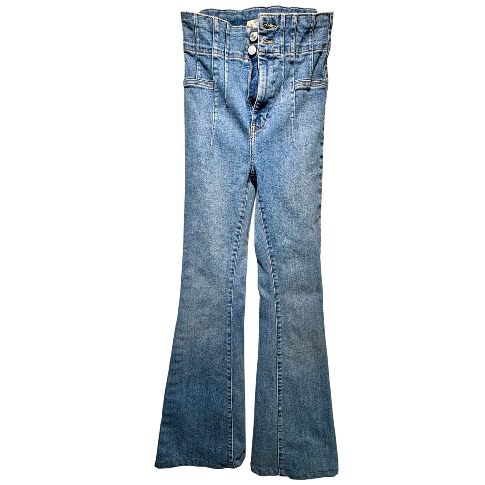 We The Free High Rise Flare Jeans Size 27 Distressed Double Button Blue Denim